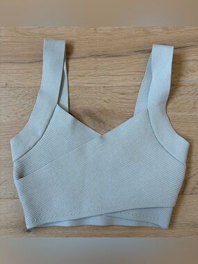Babaton Ribbed Wrap Crop Top Light Gray Knit Tank Size Small*O3